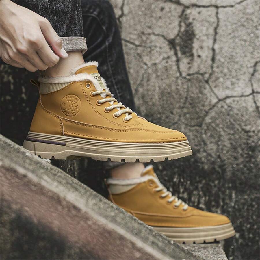 Men's Winter Warm Boots, Men's All-Match Thermal Lined Thick High-Top Work Boots With Waterproof Lace-Up Uppers, Elastic Anti-Slip Soles, Comfortable Outdoor Casual Boots - Yellow - View 1
