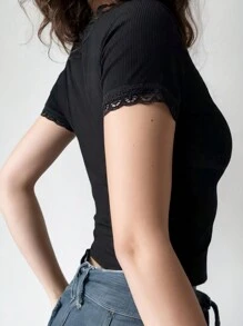 Women's Monochrome Neck Lace Trim Bow Decor Short Sleeve Casual Crop Top / Y2K Style T-Shirt - Black - View 2