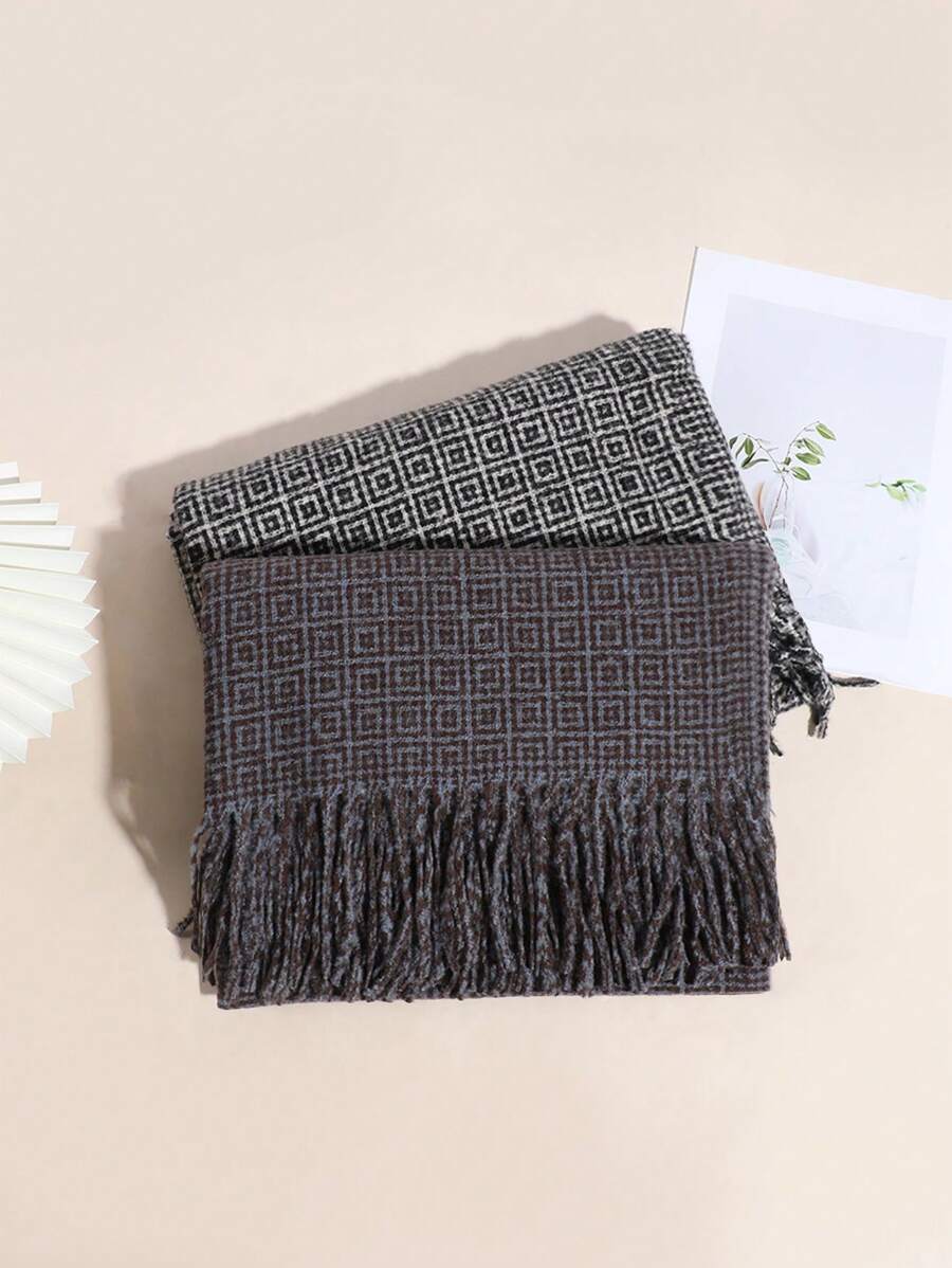 1 件男士休闲几何框架图案厚羊毛保暖流苏针织围巾，适合约会、日常穿着、上学和户外购物 - A - 查看 1