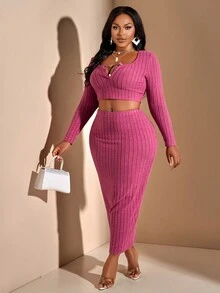 2024 女式大码秋季纯色针织短款长袖上衣和长裙，适合居家和外出休闲简约两件套 - 玫紅色 - 查看 1