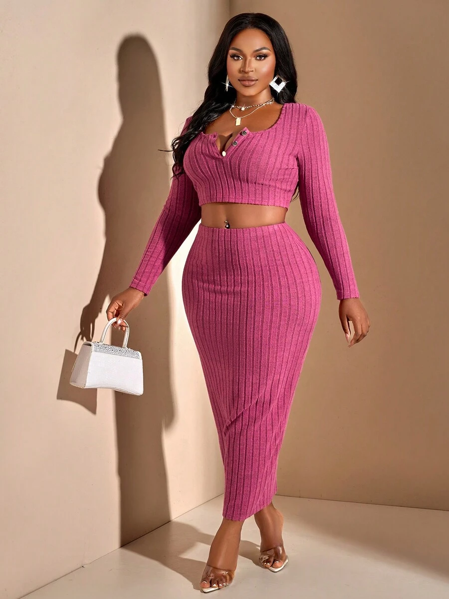 2024 女式大码秋季纯色针织短款长袖上衣和长裙，适合居家和外出休闲简约两件套 - 玫紅色 - 查看 1