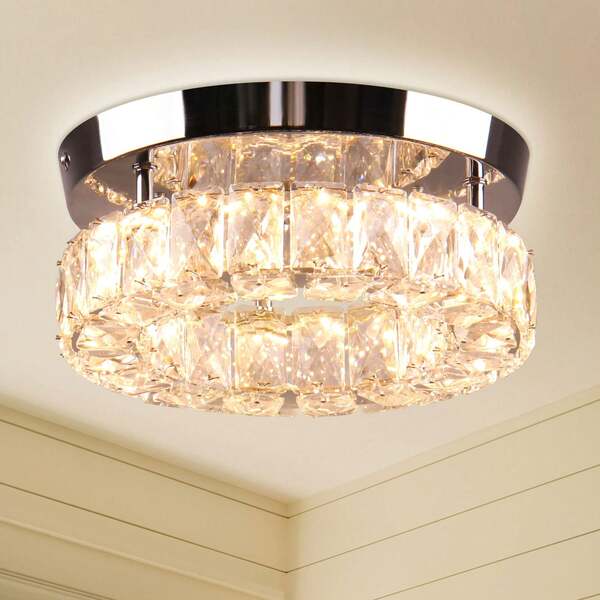 Modern Crystal Chandeliers LED Ceiling Light With Remote Flush Mount Small Chandelier For Hallway Foyer Kitchen,Stair,Closet (Cool White/Warm White/Multicolor/Dimmable)