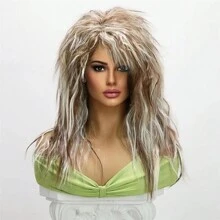 Peruka retro punk rockowa z lat 70. i 80. – odporna na ciepło, długa, kręcona, brązowo-biała peruka syntetyczna, unisex, odpowiednia do cosplayu - Kolor fortepianowy - Zobacz 2