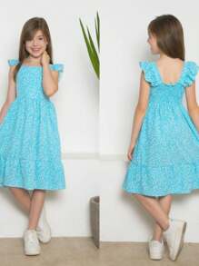 Children's Floral Dress - 淺藍色 - 查看 3