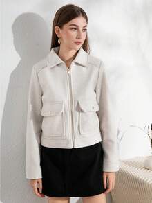 复古办公室女士波尔多红色柔软飞行员夹克女式长袖口袋拉链外套时尚2025秋冬圣诞装 - 米色 - 查看 4