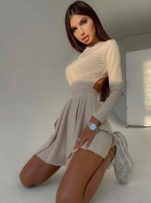 Women's Summer Outfit, Sunset Date Attire, Sexy & Hot, Solid Color A-Line Skirt, Party Mini Dress, Fashionable Sexy Women's Set, Top - Apricot - View 3