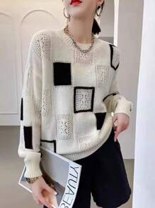 Women's Sweater Black And White Colorblocking  Hollow Round Neck Knitted Tops Autumn And Winter Models Long-Sleeved Versatile Loose Pullover Bottoming Shirt - trắng - Xem 1