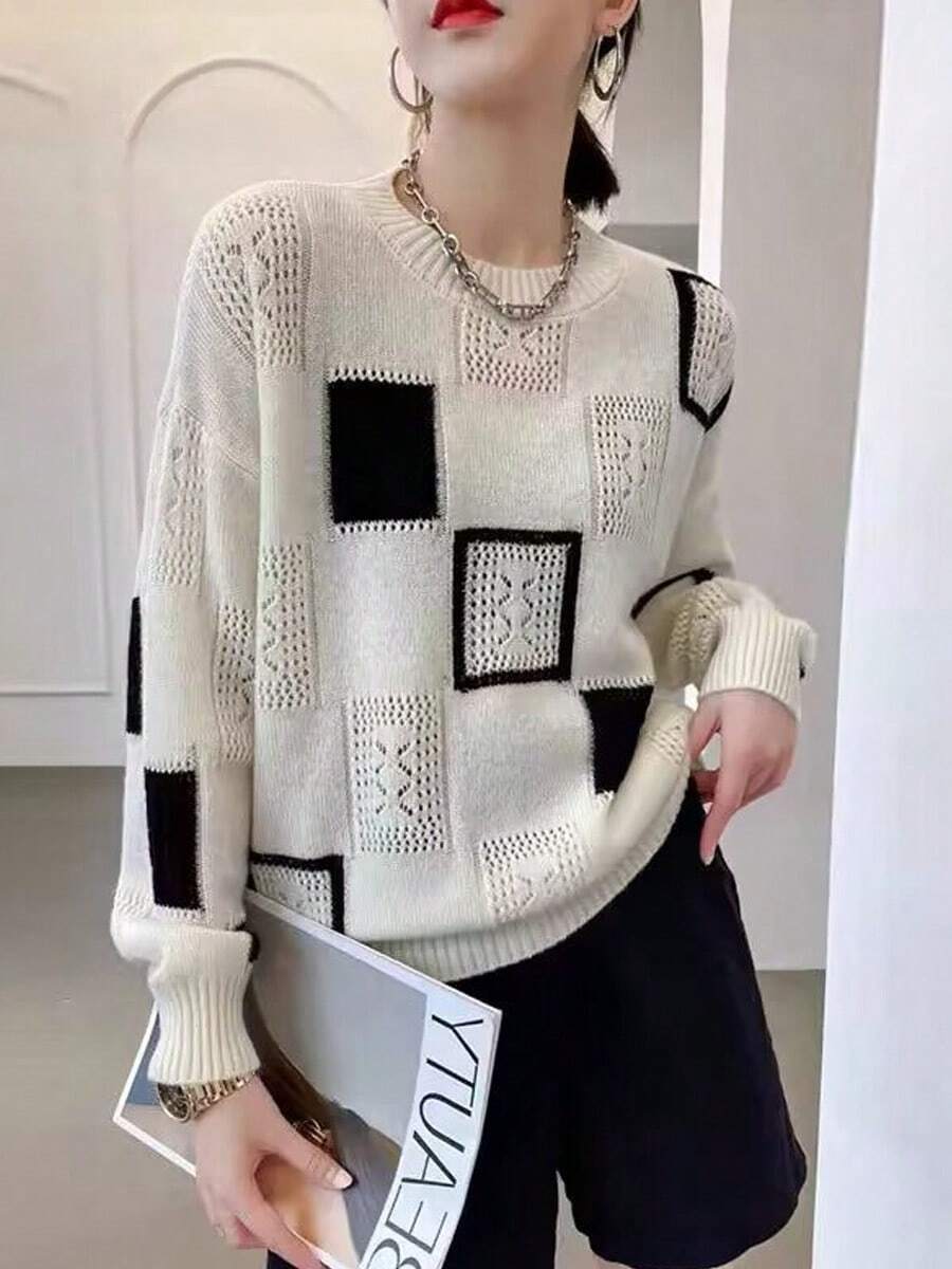 Women's Sweater Black And White Colorblocking Hollow Round Neck Knitted Tops Autumn And Winter Models Long-Sleeved Versatile Loose Pullover Bottoming Shirt - trắng - Xem 1