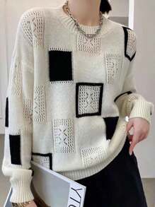Women's Sweater Black And White Colorblocking  Hollow Round Neck Knitted Tops Autumn And Winter Models Long-Sleeved Versatile Loose Pullover Bottoming Shirt - trắng - Xem 3