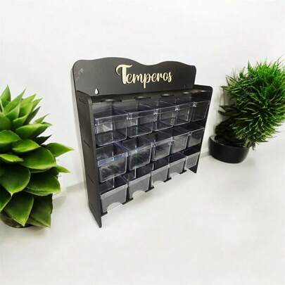 Porta Temperos com 15 Caixinhas de Acrilico de 5 x 5 x 5cm em MDF Preto Cozinha Moderna e Cartela de Adesivos