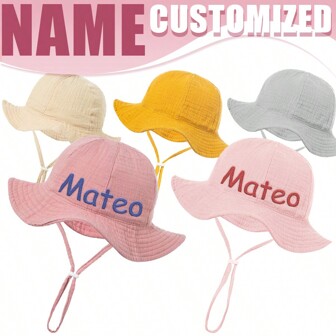 1-12 Months Baby Bucket Hat, Personalized Customized Name Embroidery, Infant Toddler Sun Protection Hat, Solid Color Foldable Breathable Outdoor Visor, Newborn Gift, Holiday Gift,Customized Kids Hats, Gloves And Scarves,Warm Ambience