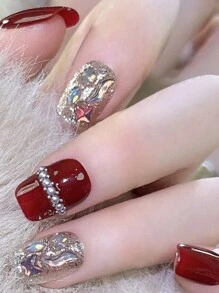 1 Set Burgundy Metal Decorative Short Square/Round False Nails, Handmade With Chain & Rhinestone, Designed For Women, Suitable For Holiday Parties, Includes 1 Piece Gel Nail And 1 Nail File Press On Nails Nail Supplies Nails