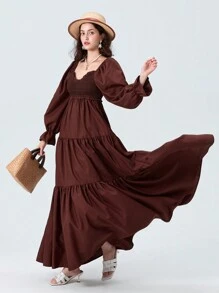 Women Long Dress Fashion Print Sweetheart Neckline Long Sleeve Dress Fashion Spring Fall Casual Dress - 棕色 - 查看 6