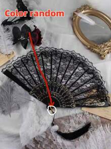 1 chiếc quạt gấp cầm tay họa tiết hoa ren cổ điển trơn, thích hợp cho mùa xuân/hè, tiệc hóa trang (màu vòng treo ngẫu nhiên) ngày lễ tình nhân ngày lễ tình nhân - màu đen - Xem 2