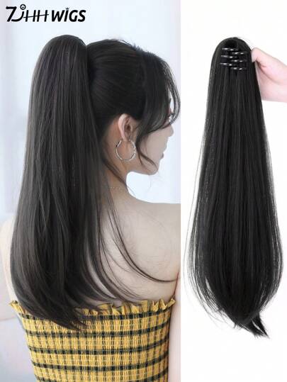 7JHH WIGS Black Ponytail Extension For Women 20'' Medium Length Straight Claw Clip In Ponytails Natural Synthetic Hair Extension Easy To Use Fluffy &Not Tangled