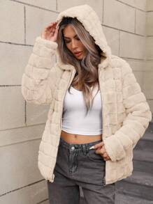 Women's Faux Fur Coat With Hat And Pockets, Perfect For Fall And Winter - Soft Blend Fabrics