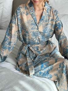 2 件套女士优雅法式印花长袖系带衬衫和宽松高腰阔腿裤休闲简约套装 - 彩色 - 查看 8