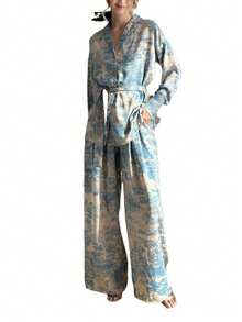 2 件套女士优雅法式印花长袖系带衬衫和宽松高腰阔腿裤休闲简约套装 - 彩色 - 查看 9