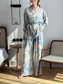 2 件套女士优雅法式印花长袖系带衬衫和宽松高腰阔腿裤休闲简约套装 - 彩色 - 查看 4