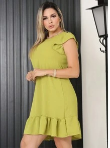 Plus Size Midi Dress, Large And Small Size, Ruffle, Puffy Princess Sleeve, Loose, Dune - Olive Green - View 4