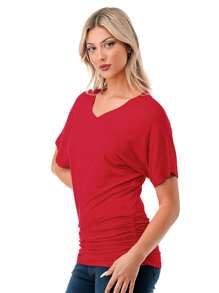 OUTBALL Women's Casual V Neck Solid Short Sleeve Boat Neck Dolman Top T Shirt With Side Shirring