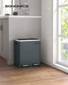 SONGMICS Cestino da Cucina, Doppio Secchio 2 x 15L per Raccolta Differenziata, Pattumiera a Pedale, Coperchi a Chiusura Morbida per Piccole Famiglie, Acciaio, Argento e Nero/Grigio Verdastro/Nero/Bianco/Beige Sabbia e Nero Inchiostro - verde grigio - Visualizzare 1