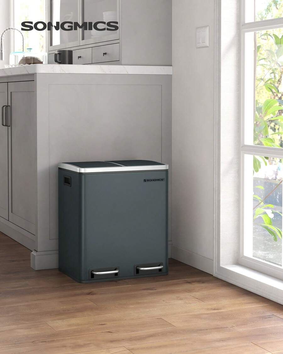 SONGMICS Cestino da Cucina, Doppio Secchio 2 x 15L per Raccolta Differenziata, Pattumiera a Pedale, Coperchi a Chiusura Morbida per Piccole Famiglie, Acciaio, Argento e Nero/Grigio Verdastro/Nero/Bianco/Beige Sabbia e Nero Inchiostro - verde grigio - Visualizzare 1