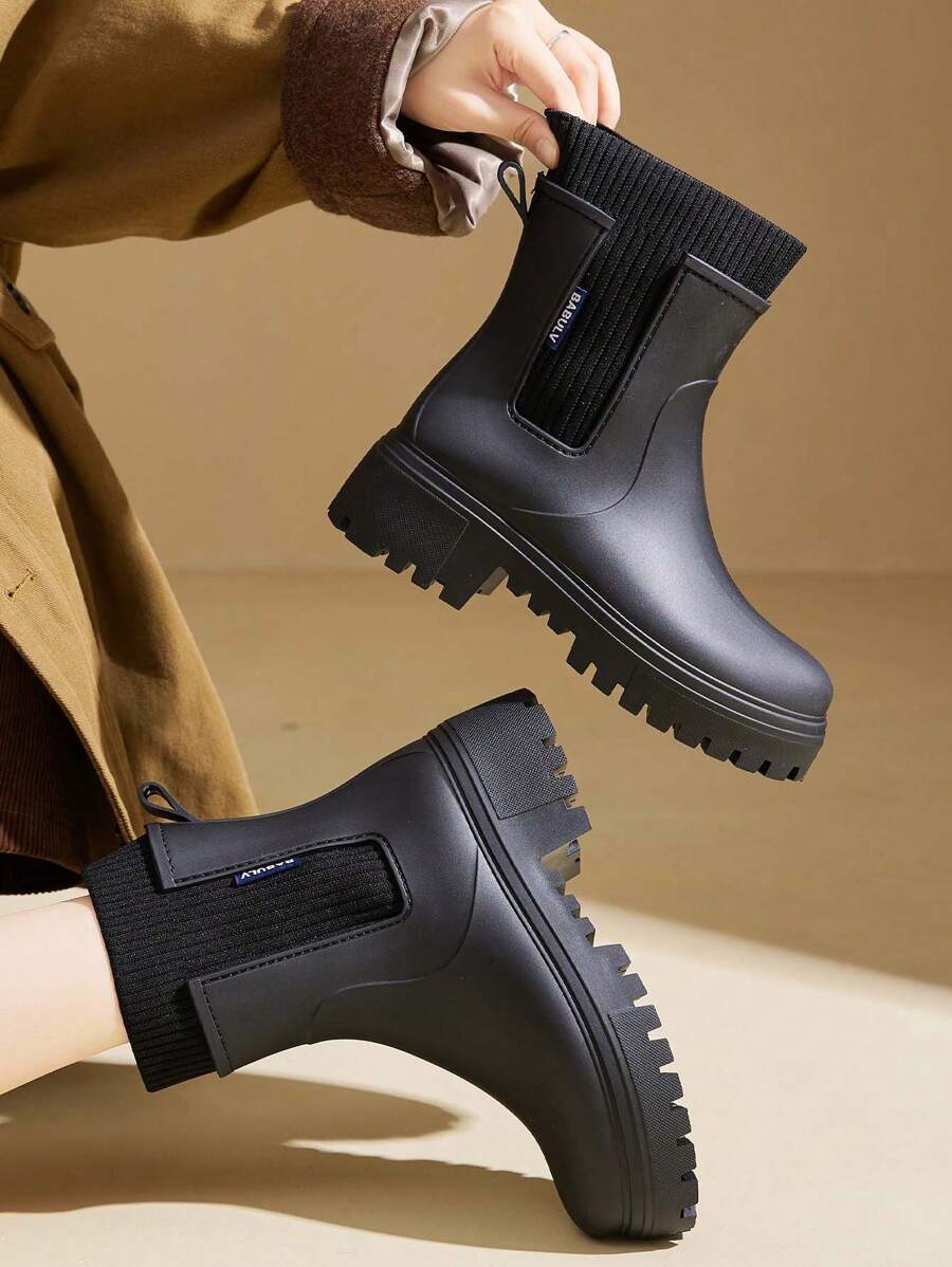 Women's Fashion Elastic Ankle Mid-Calf Rain Boots, Chelsea Style Waterproof Non-Slip Durable Rain Boots For Commuting And Camping - Black - View 1