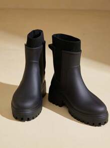 Women's Fashion Elastic Ankle Mid-Calf Rain Boots, Chelsea Style Waterproof Non-Slip Durable Rain Boots For Commuting And Camping - Black - View 10