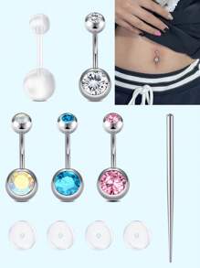 Bộ trang sức rốn bằng thép không gỉ 7 món Thép không gây dị ứng, Không nhiễm từ, Dễ vệ sinh, Bao gồm khuyên rốn, thanh rốn, kim rốn - Nhiều màu - Xem 1