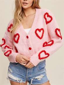 Women Button Up Sweaters Casual Heart Crochet Cropped Long Sleeves Knit Cardigans Warm Fall Knitwear For Streetwear