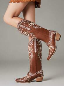 Cowgirl Western Women Embroidered Boots Flower Design Square Toe High Heel Mid Calf Shoes Luxury Retro Ridding Winter Boots