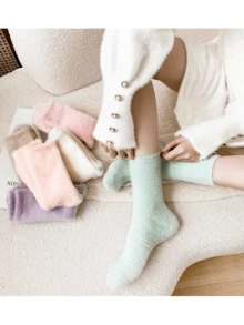4 Đôi/Bộ Vớ nhung ấm áp cho nữ, Nhiều màu, Mềm mại, Thoải mái, Đồ mặc ở nhà thường ngày, Thích hợp cho các quý cô vào mùa thu và đông - Nhiều màu - Xem 4