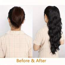 女士夹入式抽绳波浪马尾辫接发，100% 真人头发，适合所有用户的百搭基本款，天然丰盈增强剂 - Natural Black - 查看 3