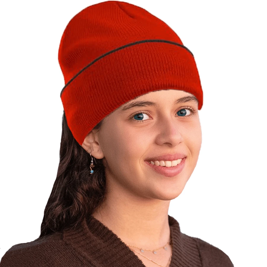 1pc Women And Men Knitted Cuffed Acrylic Soft Warm Double-Side-Wear Reversible Beanie Hat Suitable For Casual Wearing In Daily Life Indoors And Outdoors Activities - Black+Red - View 1