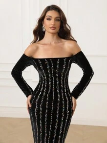 Love Aing 女士性感长袖灯芯绒水晶露肩迷人设计聚会宴会晚礼服