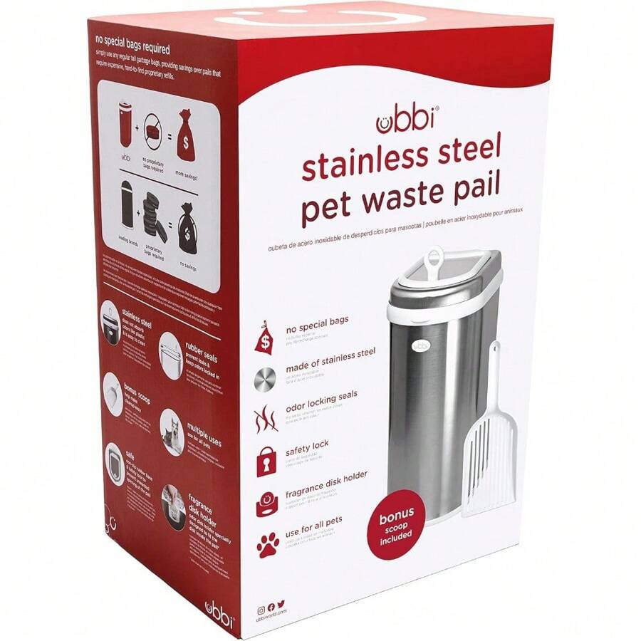 Pet Waste Pail, Cat Litter Disposal System, Odour Locking, Chrome. A