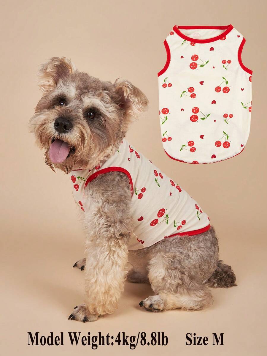 Cute Cherry Cat Print Small Dog Clothes For Pomeranian Teddy Puppy Tank Top - Multicolor - View 1