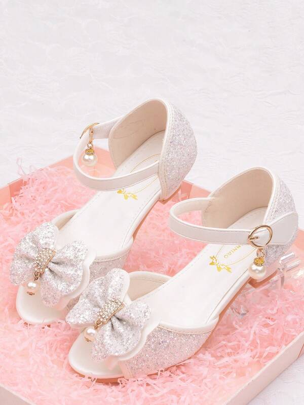 Girls' Crystal Heel Bowknot Dress Sandals, White Sparkly Princess Party Shoes For Children