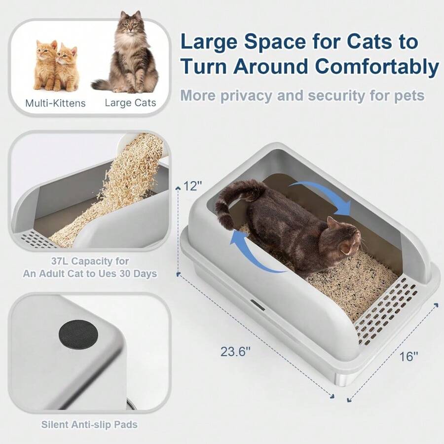 Enclosed Stainless Steel Cat Litter Tray For Big Cats, XL Size, High