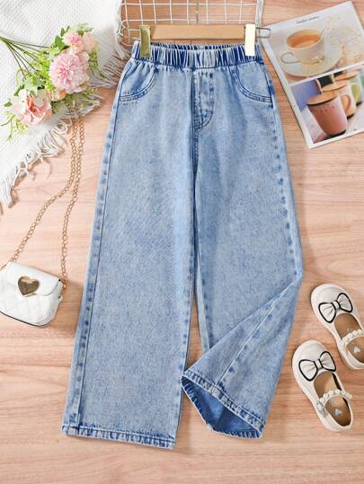 1pc Tween Girls Jeans, Light/Medium/Dark Denim Casual Straight Leg Pants With Elastic Waist And Faux Pockets, Versatile Streetwear All Seasons