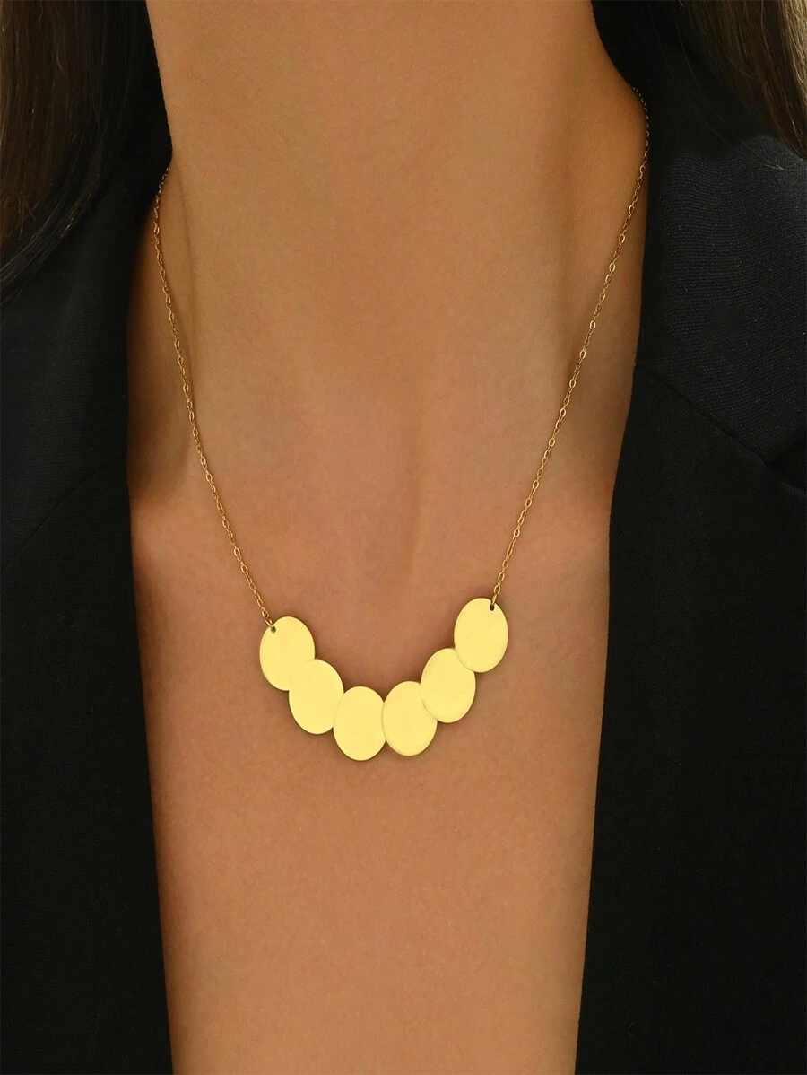 1 件简约复古几何金属光滑锁骨链不锈钢圆形吊坠项链，适合日常佩戴 - 圓片吊墜項鍊 - 查看 1