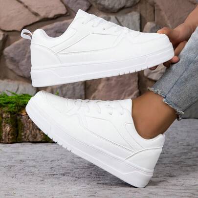 New Women Fashion Low-Top Casual Shoes, Versatile Lace-Up White Sneakers, Lightweight Soft Sole Skate Shoes