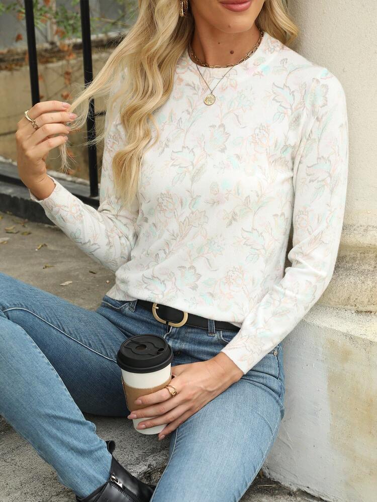 Jersey de cuello redondo cálido con estampado floral all-over - Blanco - Añade 1