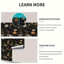 1卷波西米亚花卉黑金色复古接触纸，自粘式剥离粘贴壁纸，可拆卸防水墙壁和卧室瓷砖装饰，家装建筑材料，翻新贴纸剥离墙板，墙纸，壁纸，春季装饰物品让您的家焕然一新，拉玛装饰贴纸 - 如圖所示 - 查看 7