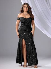 Women's Plus Size Open Shoulder Sequined Ruched Waist High Slit Elegant Gorgeous Noble Formal Evening Gown,Party Dress,Wedding Guest - Black - View 1