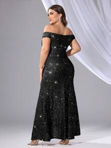 Women's Plus Size Open Shoulder Sequined Ruched Waist High Slit Elegant Gorgeous Noble Formal Evening Gown,Party Dress,Wedding Guest - Black - View 2