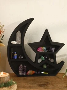 1 PC Creative Black Cute Cat Wooden Three-Layer Crystal Stone Shelf, Home, Living Room, Bedroom, Office Desktop Decoration Decoration, Natural Crystal Stone Shelf Best Gifts Birthday