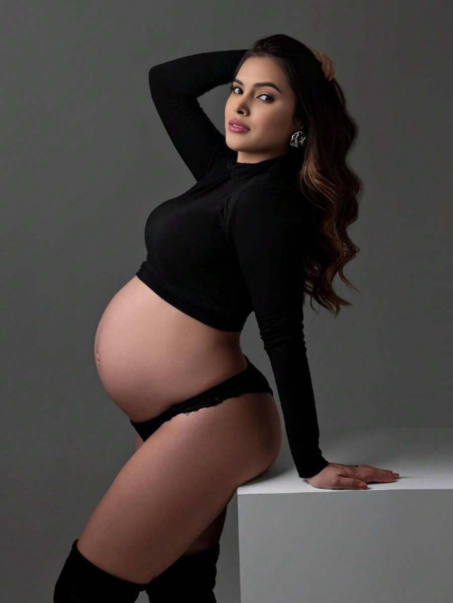 Maternity High Collar Long Sleeves Pullover Solid Color Belly-Revealing Top For Photoshoot Photography - Black - View 1