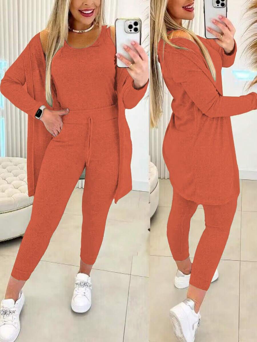 3PCS Round Neck Tank Top & Pocket Design Pants & Open Front Coat Set - 橘色 - 查看 1